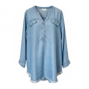 Hester & Orchard Blue Tencel Denim Chambray Pullover Top Shirt Size L Fringe